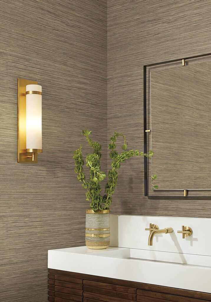 Stacked Bamboo Chestnut Stripe Wallpaper — COD0634N — room and artwork preview