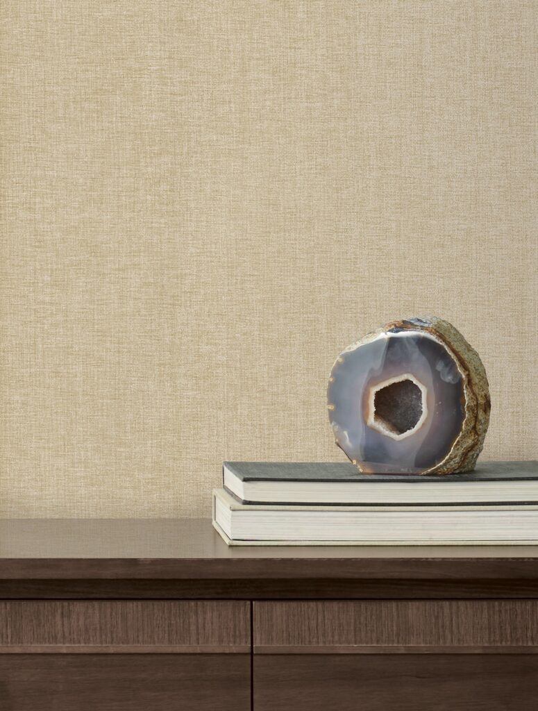 Loominosity Khaki Faux Linen Wallpaper — COD0645N — room and artwork preview