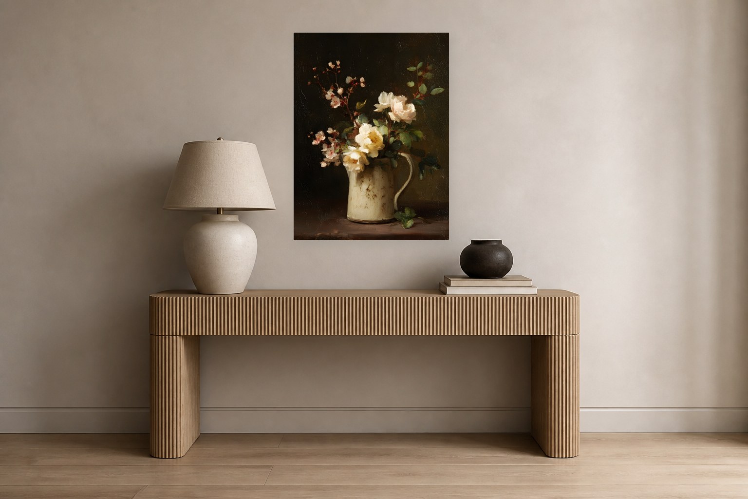 Roses in Cream Pitcher I shown in a room