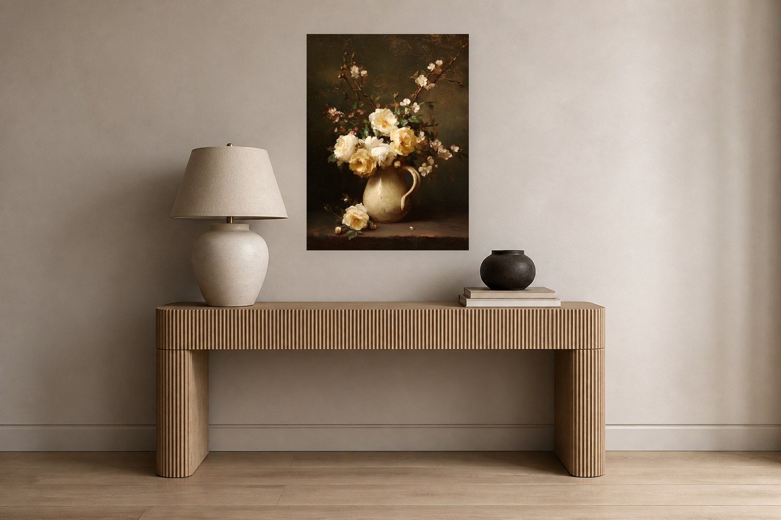 Roses in Cream Pitcher II shown in a room