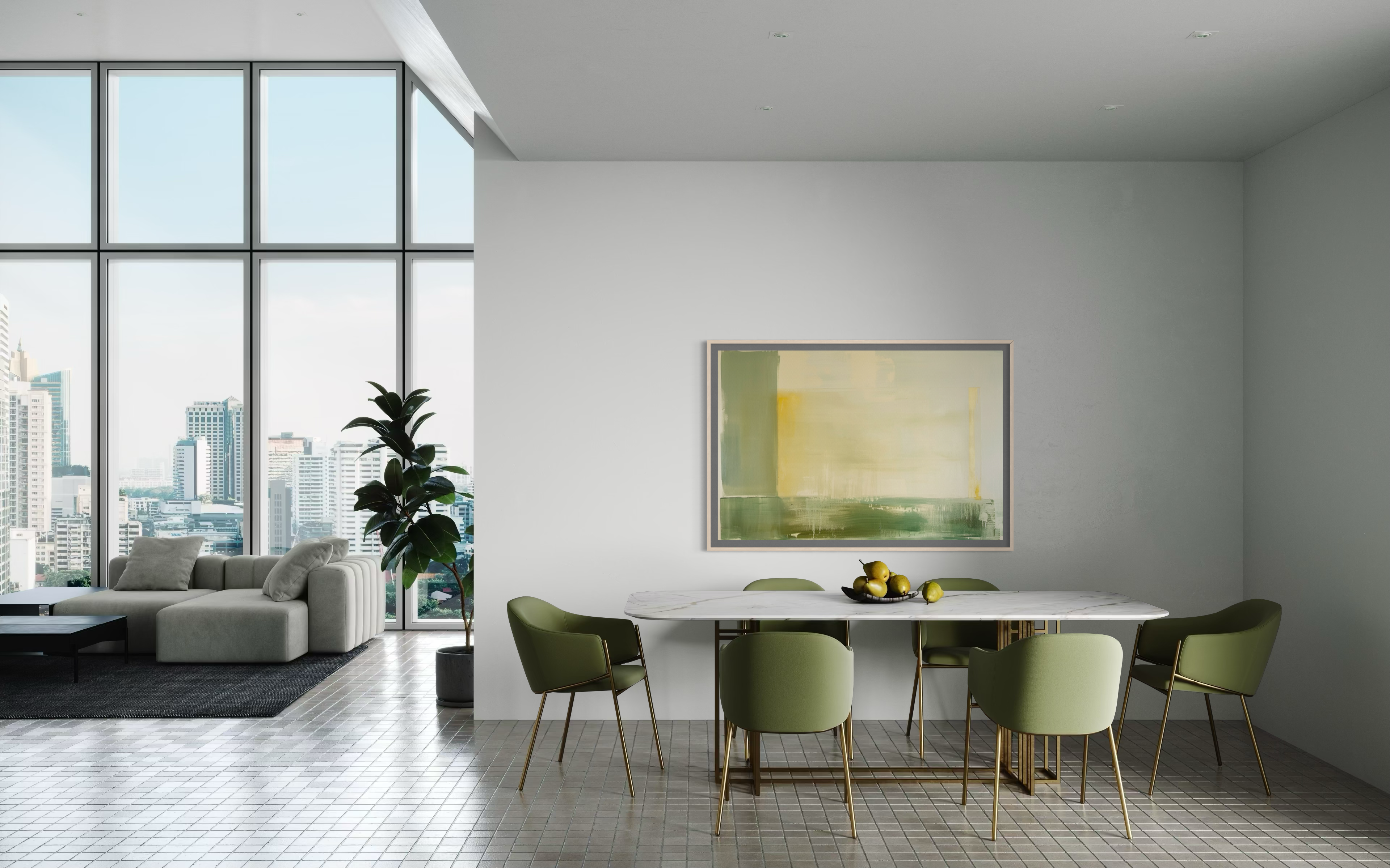Abstract artwork above a marble dining table with green chairs in a bright contemporary room