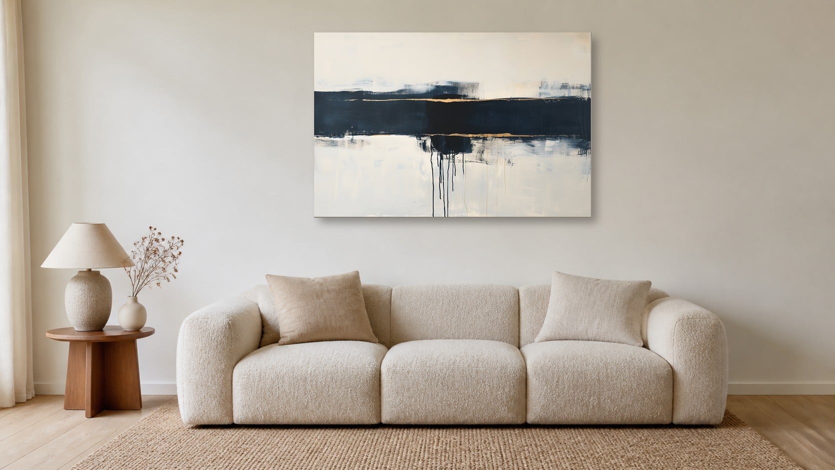 Indigo Seam gallery-wrap canvas above a cream sofa in a styled room visualization