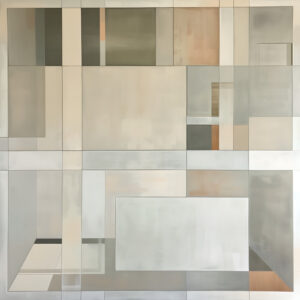 Limestone Matrix — Layered limestone, sage, and warm gray rectangles meet in a delicate architectural grid.