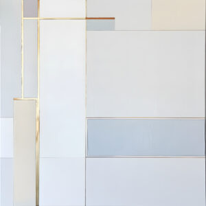 Porcelain Lines — Pale porcelain tones and powder blue panels are traced with warm gold-colored lines.