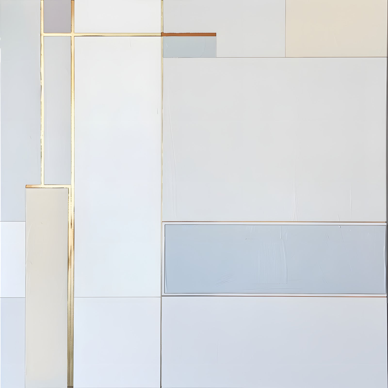 Porcelain Lines — Pale porcelain tones and powder blue panels are traced with warm gold-colored lines.
