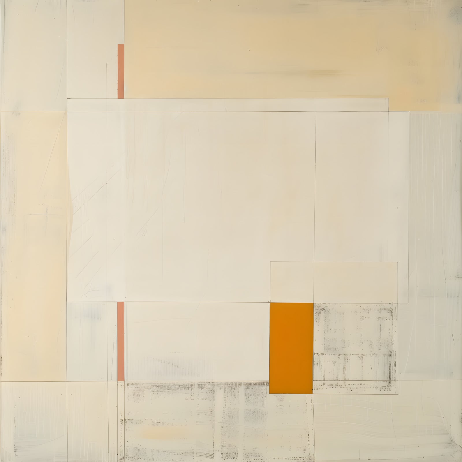 Ochre Interval — An ochre accent interrupts an open field of ivory, cream, and fine geometric lines.