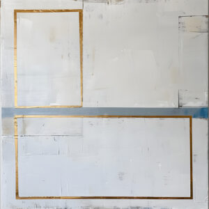 Gilded Planes — Gold-colored rectangular outlines cross soft white fields and a muted blue band.