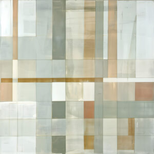 Sage Weave — Sage, ivory, and warm tan bands overlap in a woven geometric arrangement.