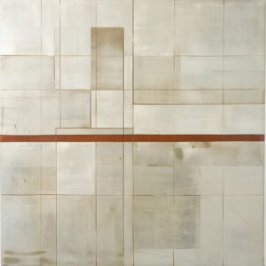 Terracotta Crossing — A terracotta stripe crosses a fine grid of cream, stone, and pale gray fields.