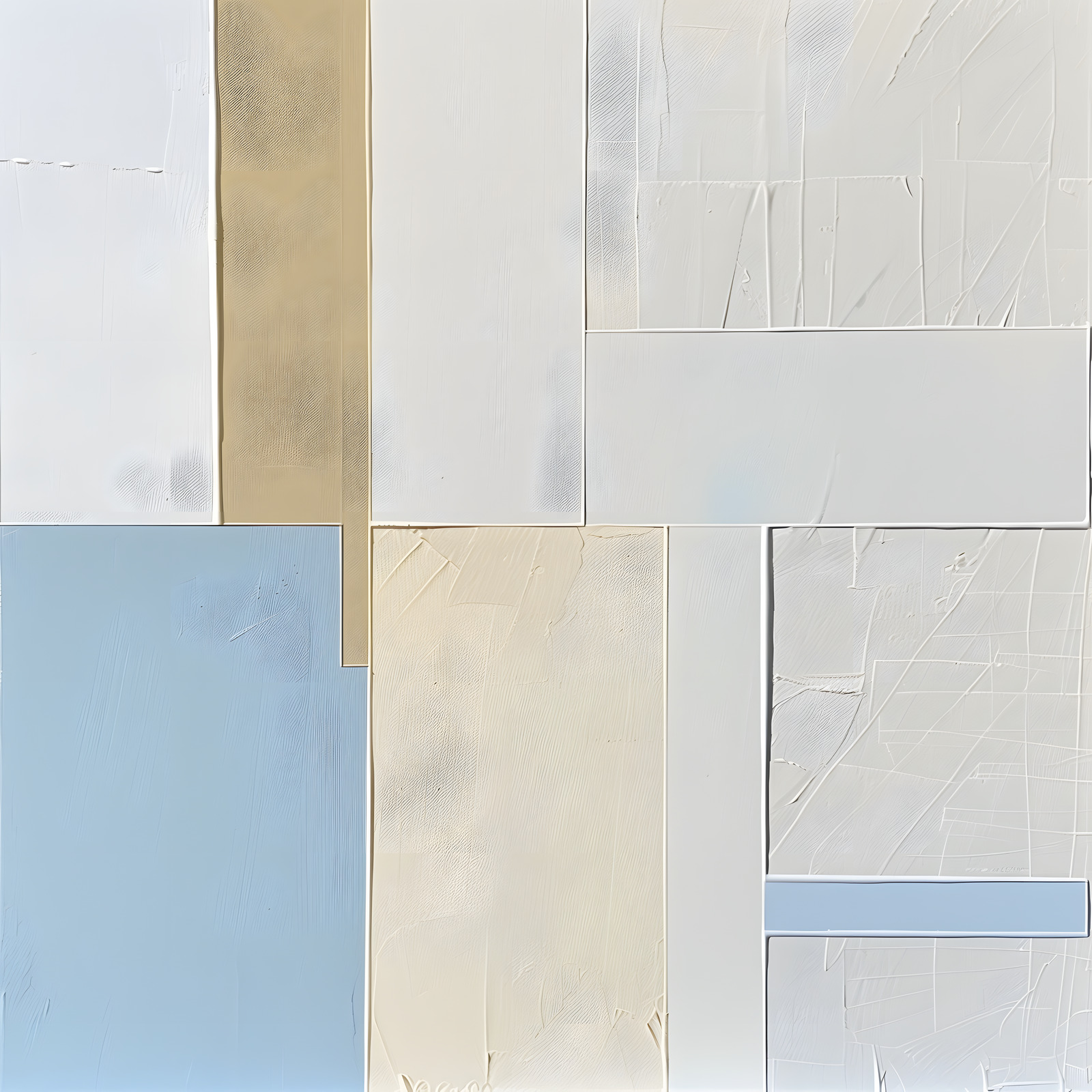 Glacier Planes — Powder blue and warm sand panels sit among offset white and pale gray rectangles.