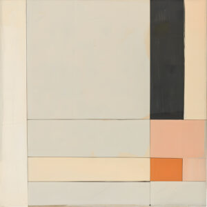 Charcoal Interval — An ivory field is anchored by charcoal, peach, and orange geometric accents.