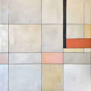 Coral Grid — Coral and rust accents punctuate a fine grid of cream and pale blue-gray.