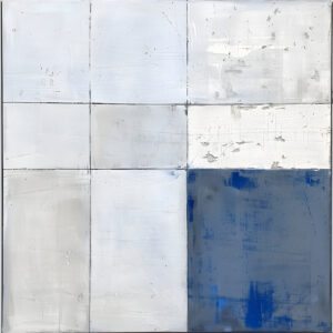 Cobalt Corner — A deep cobalt corner anchors an open field of chalky white geometry.