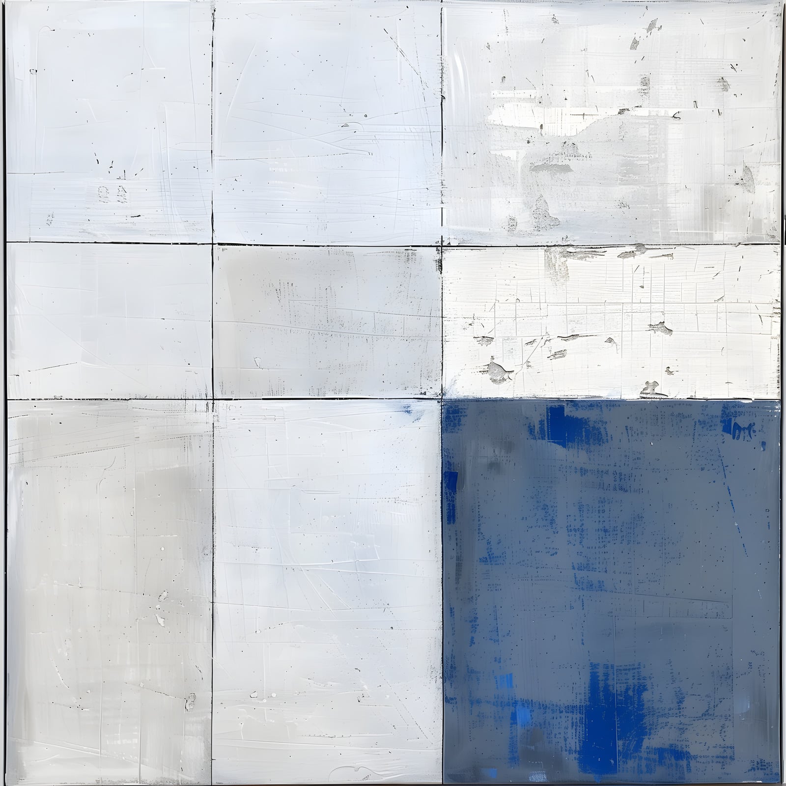Cobalt Corner — A deep cobalt corner anchors an open field of chalky white geometry.