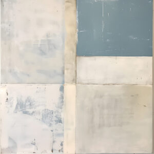 Blue Limestone — Muted blue and warm limestone tones interrupt a generous chalk-white field.