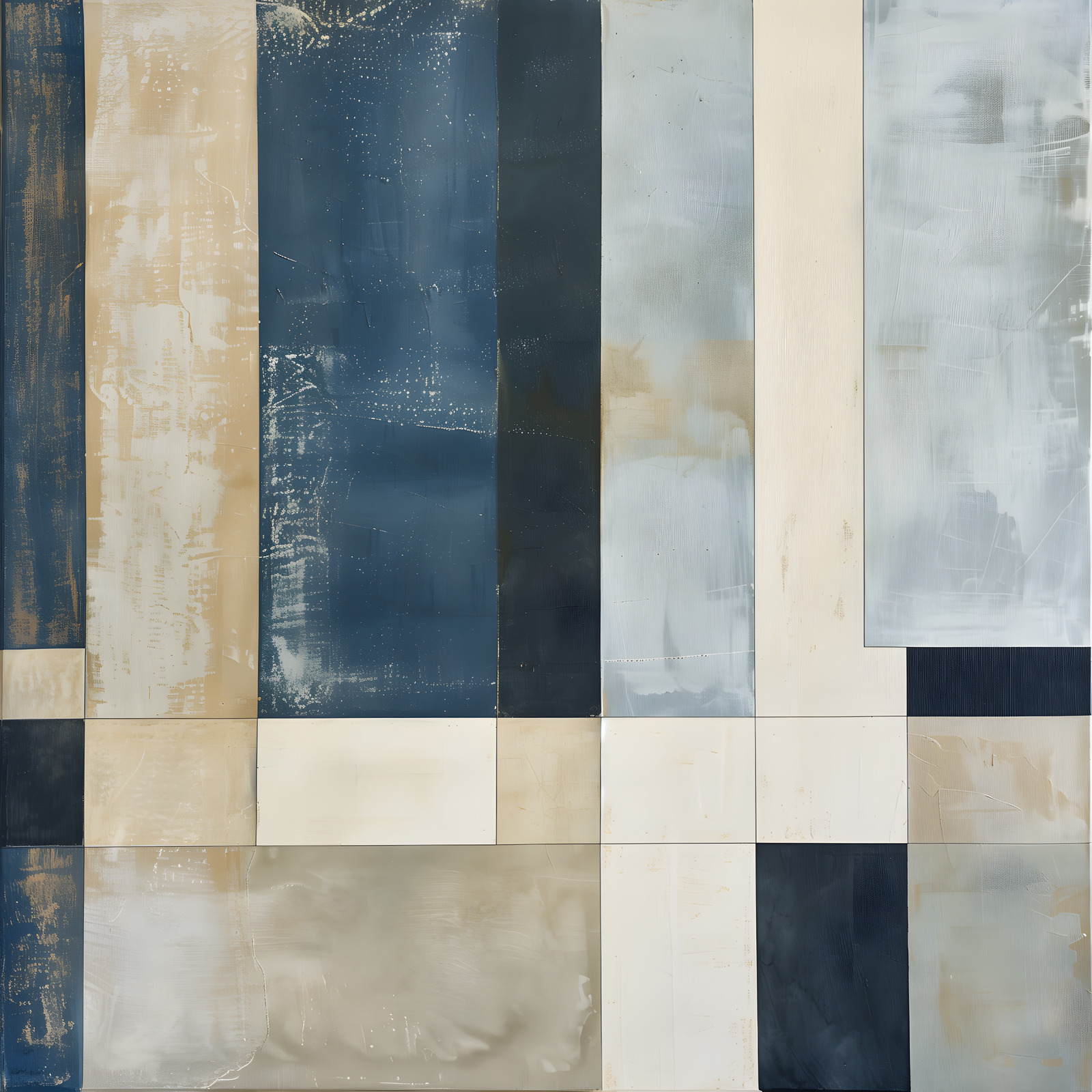 Indigo Pillars — Indigo, blue-gray, ivory, and tan bands form a strong vertical rhythm.