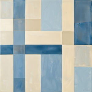 Azure Rhythm — Powder blue and deep navy rectangles move across an ivory ground.