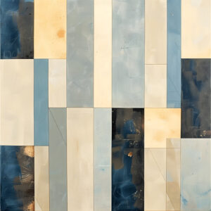 Maritime Mosaic — Navy, slate blue, ivory, and ochre rectangles form a layered mosaic.
