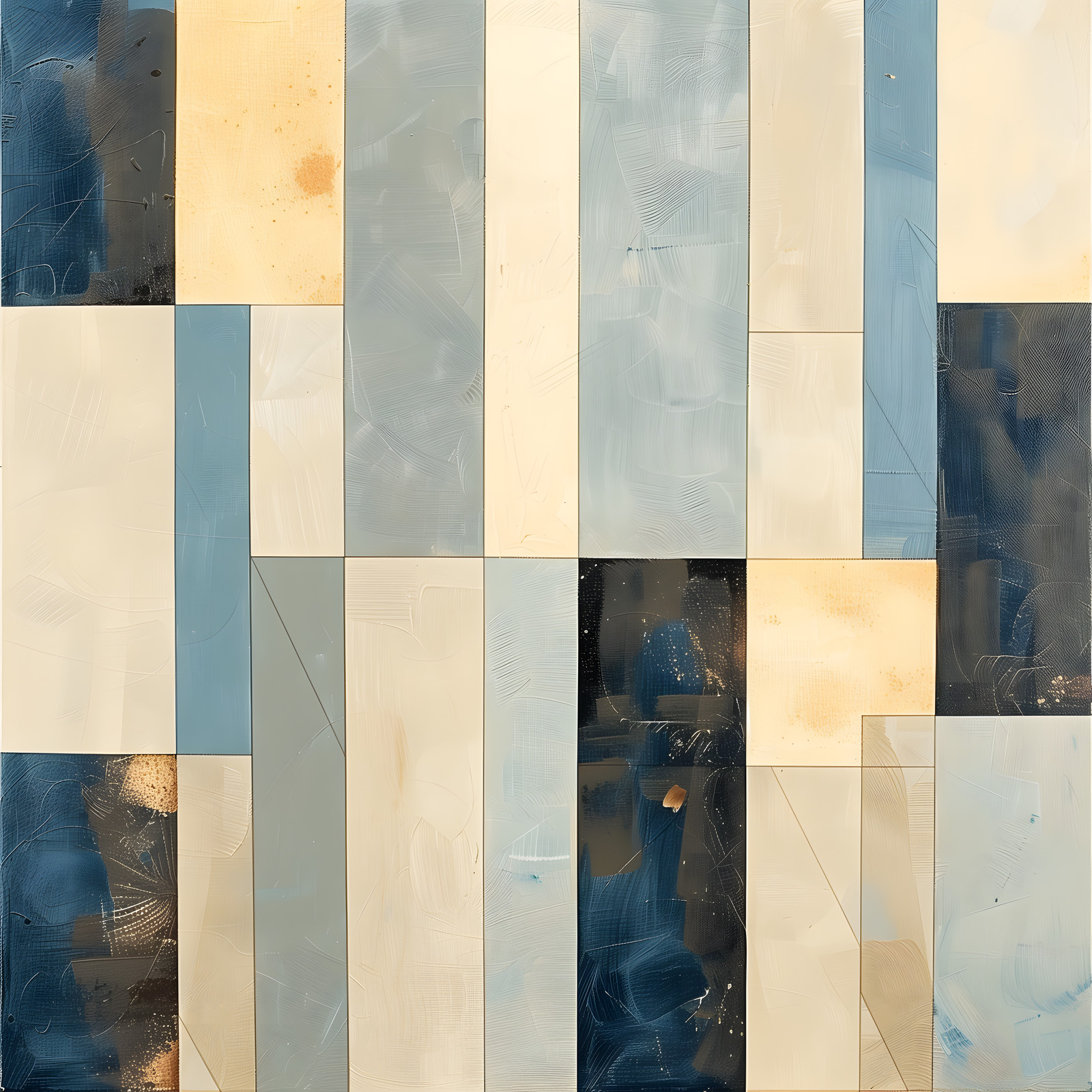 Maritime Mosaic — Navy, slate blue, ivory, and ochre rectangles form a layered mosaic.